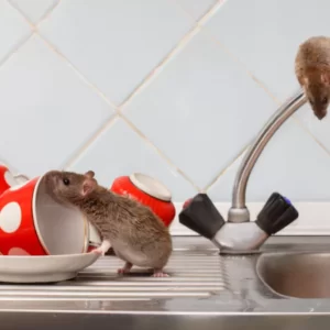 Trois souris sur l’évier de la cuisine dont une sur le robinet et les autres autour de tasses a café rouge points blanc